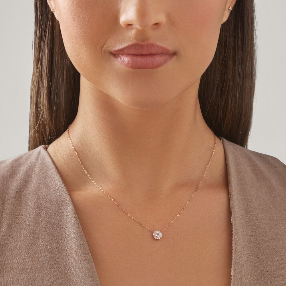 Halo Pendant with Morganite & 0.14 Carat TW of Diamonds in 10kt Rose Gold