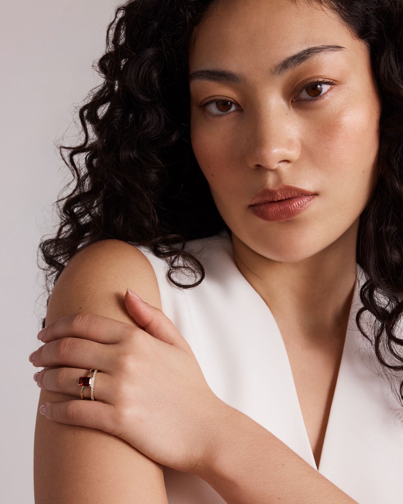 Emerald Cut Garnet with 0.25 Carat TW of Diamonds Double Band Ring in 10kt Yellow Gold