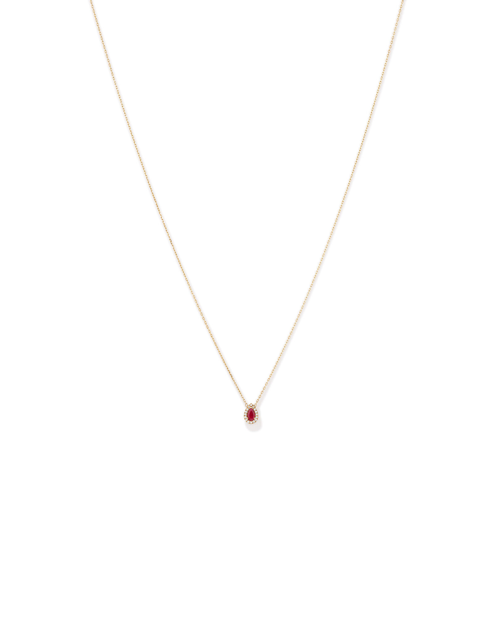 Pear Cut Red Ruby Gemstone and 0.05 Carat TW Diamond Halo Necklace in 10kt Yellow Gold