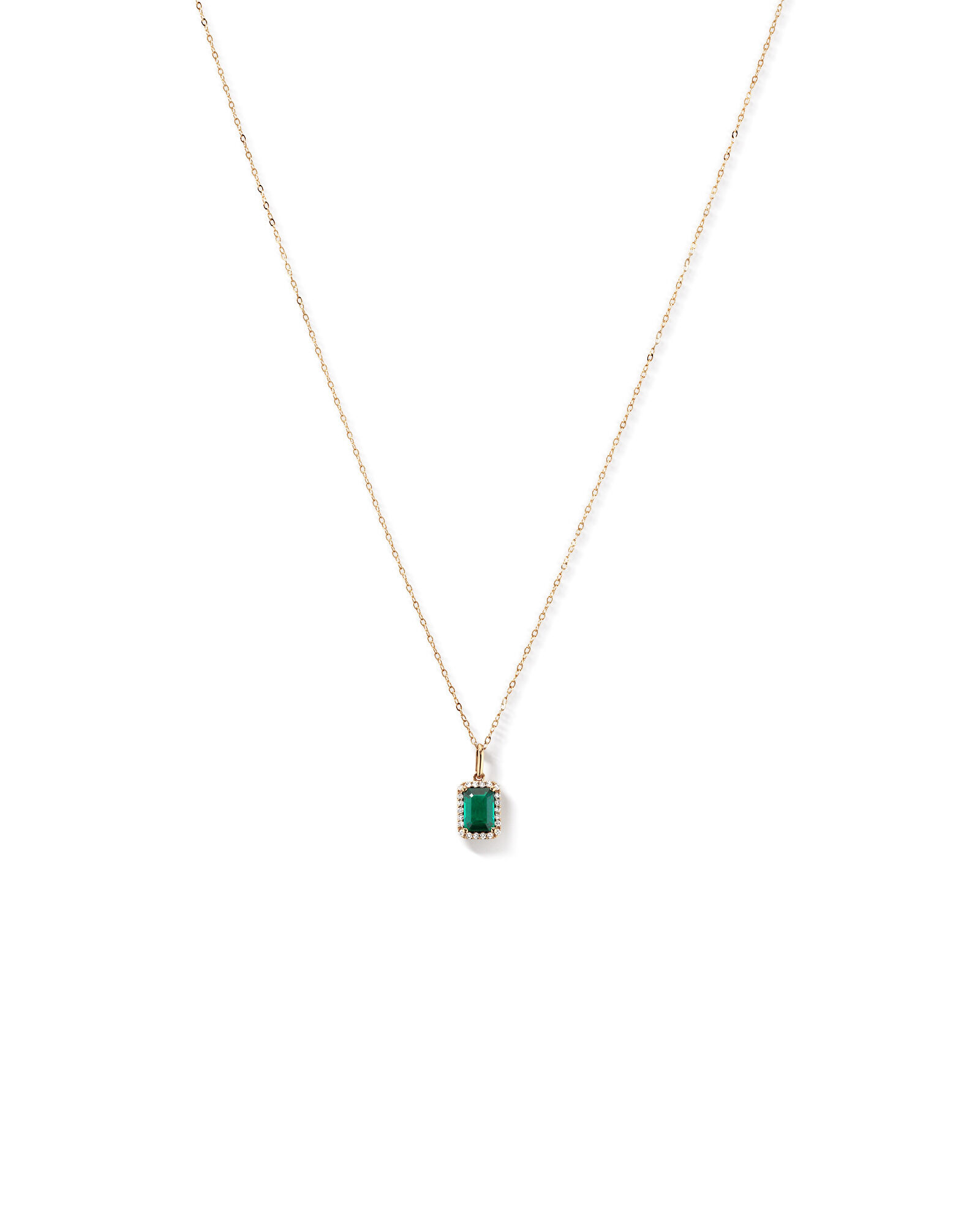 Emerald Cut Green Created Emerald Gemstone and  Diamond Halo Pendant with Chain in 10kt Yellow Gold