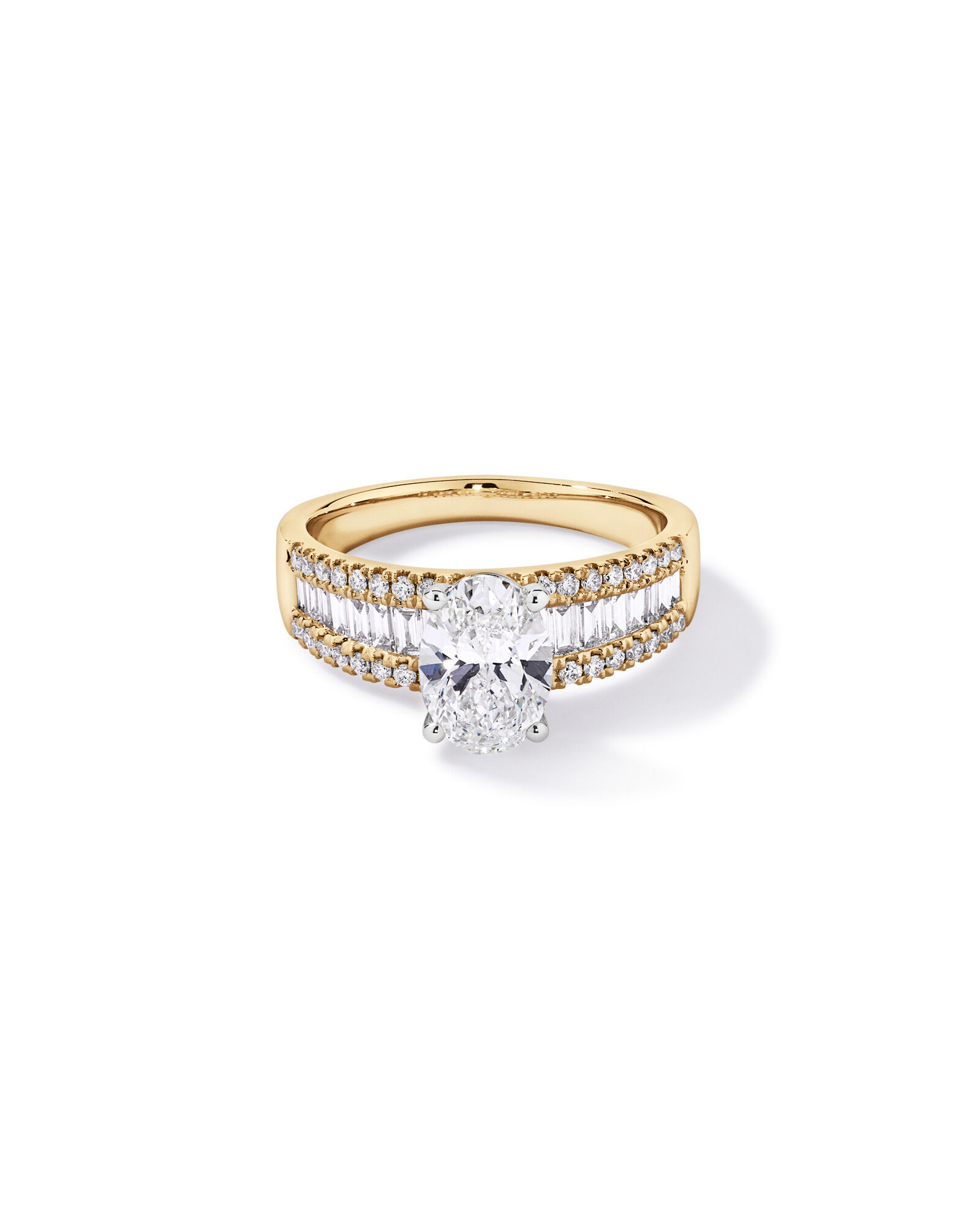2.21 Carat TW Oval and Baguette Laboratory-Grown Side Accent Diamond Ring in 14kt Yellow and White Gold