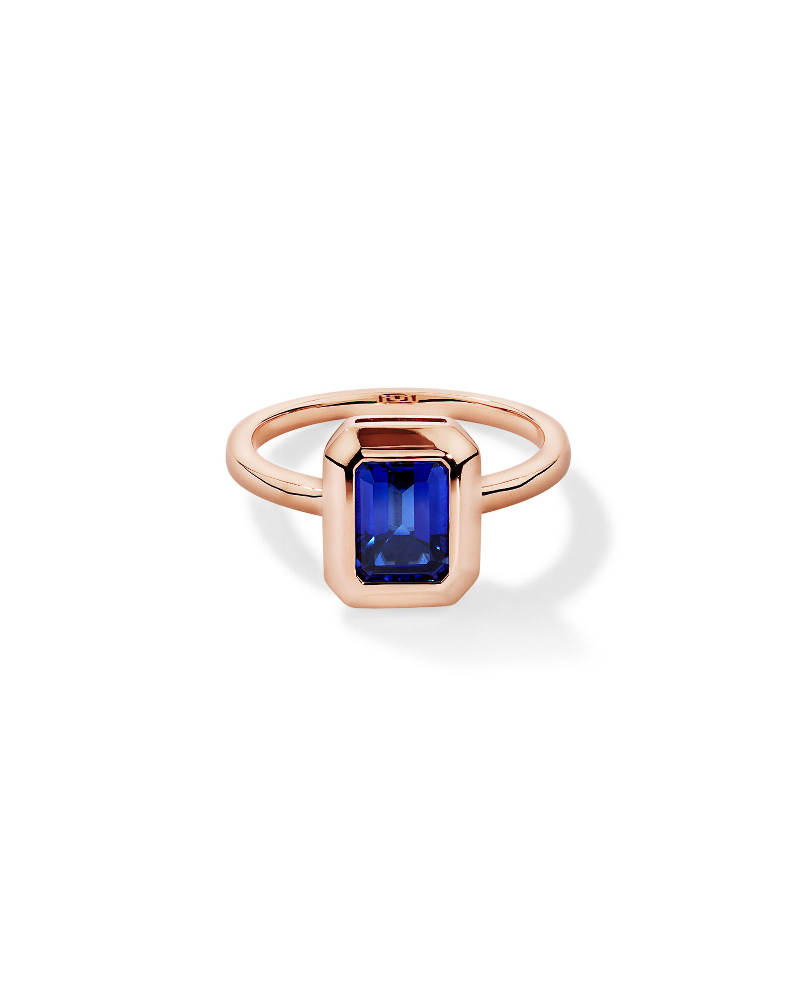 Emerald Cut Created Sapphire Bezel Ring in 10kt Rose Gold