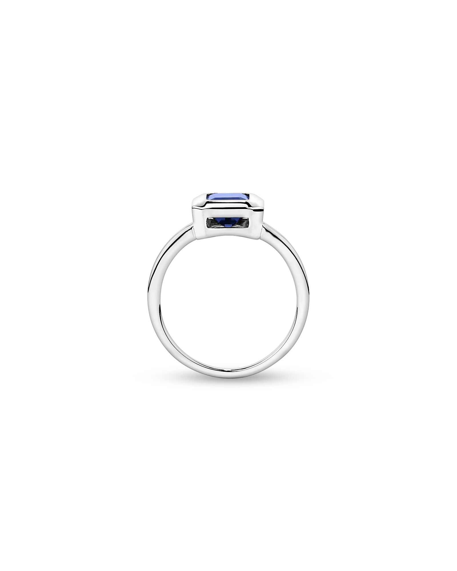 Emerald Cut Created Sapphire Bezel Ring in 10kt White Gold