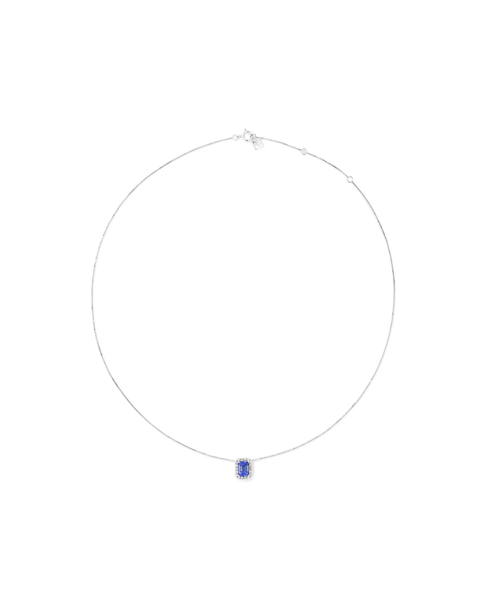 Emerald Cut Blue Tanzanite and 0.17 Carat TW Diamond Halo Pendant in 14kt White Gold