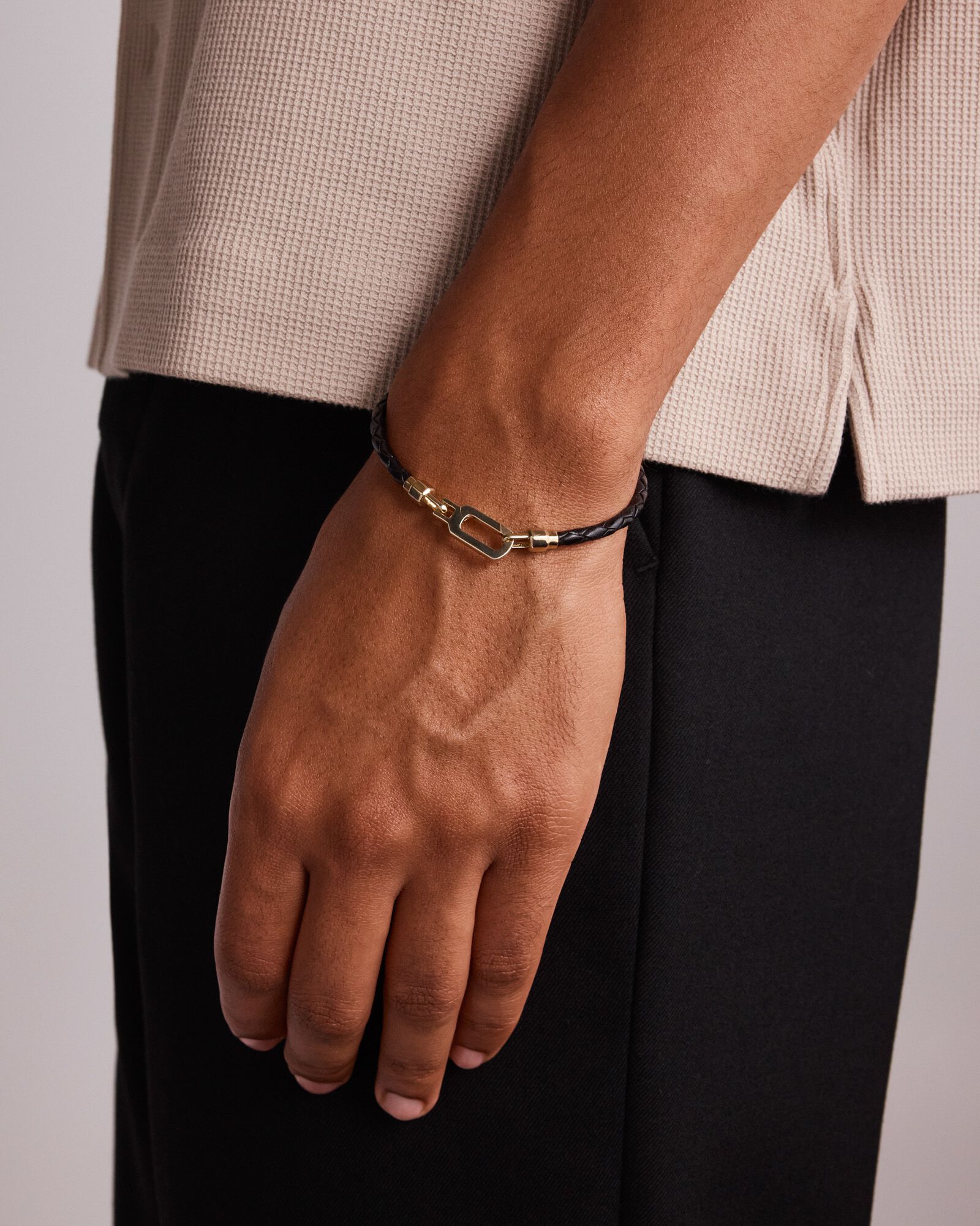 Men's Black Leather Braided Bracelet with 10kt Yellow Gold