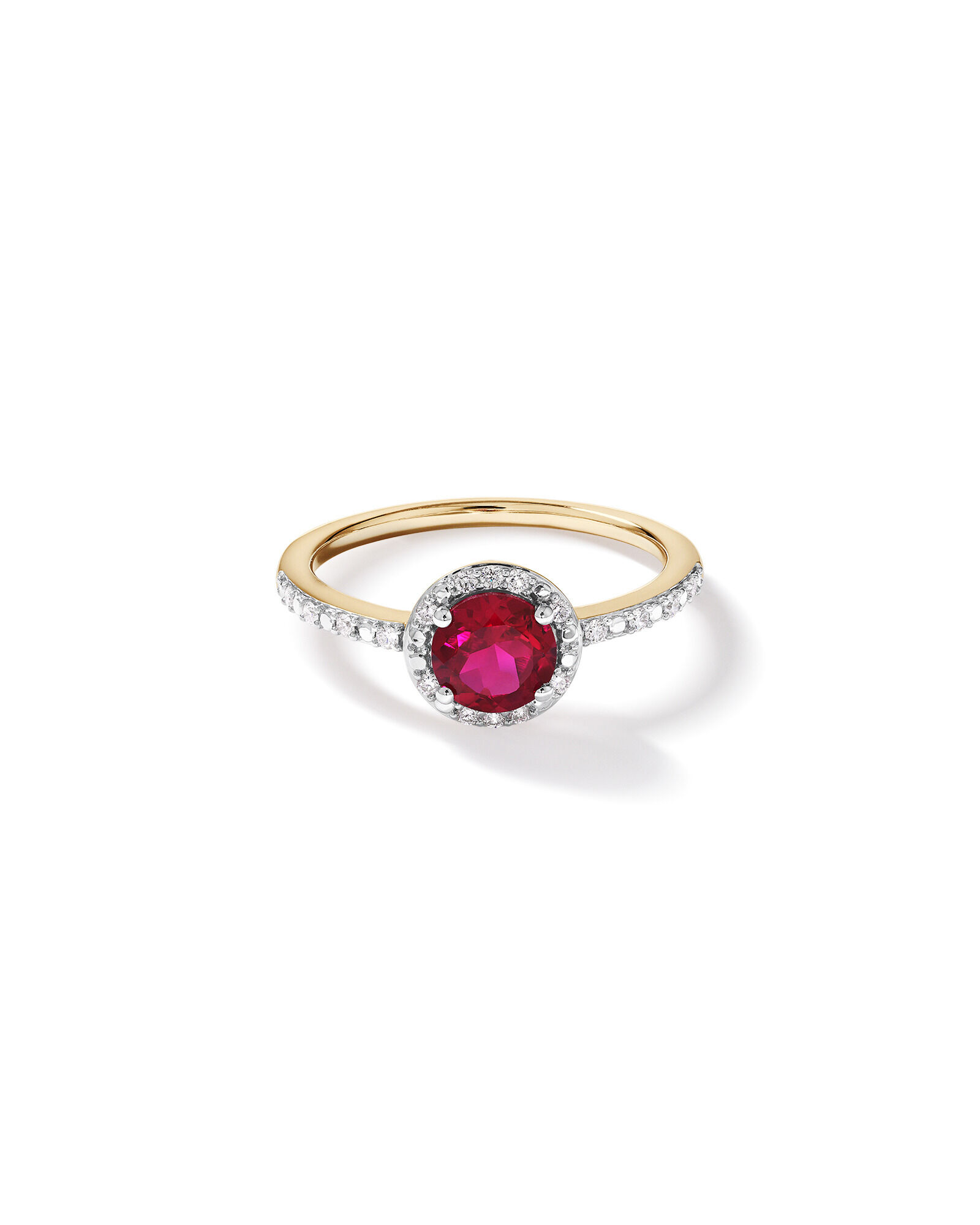 Round Cut Red Created Ruby and Lab-Grown Diamond Halo Ring in 10kt Yellow Gold and Rhodium
