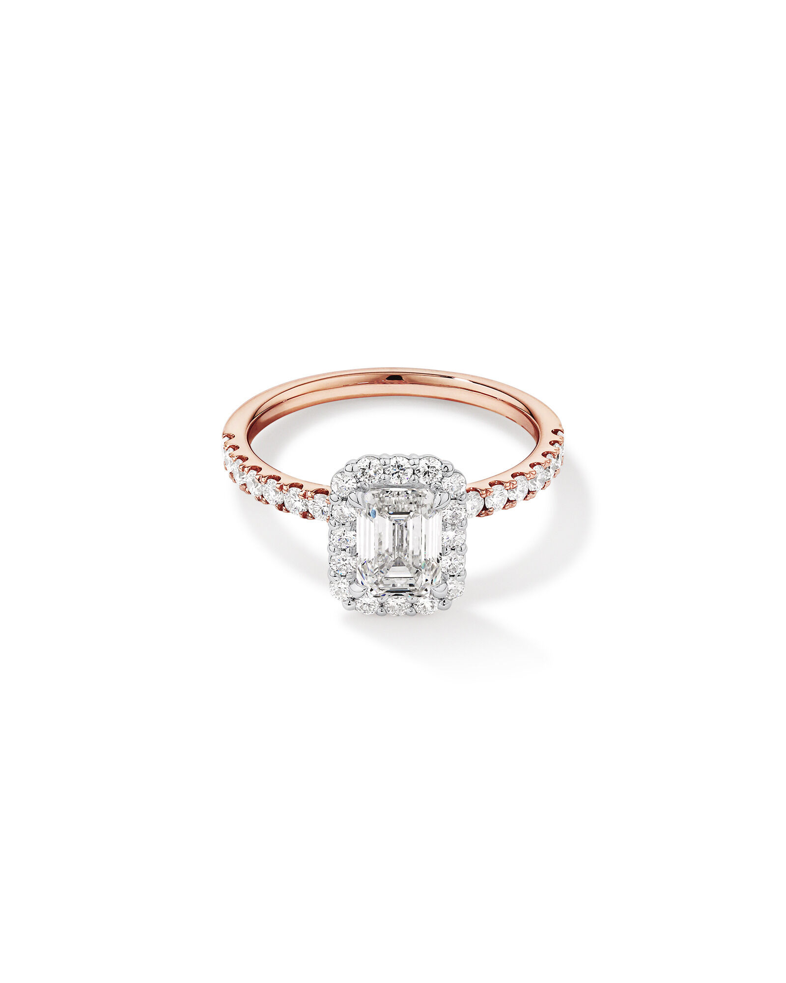1.78 Carat TW Emerald Cut Laboratory-Grown Diamond Halo Engagement Ring in 14kt Rose and White Gold