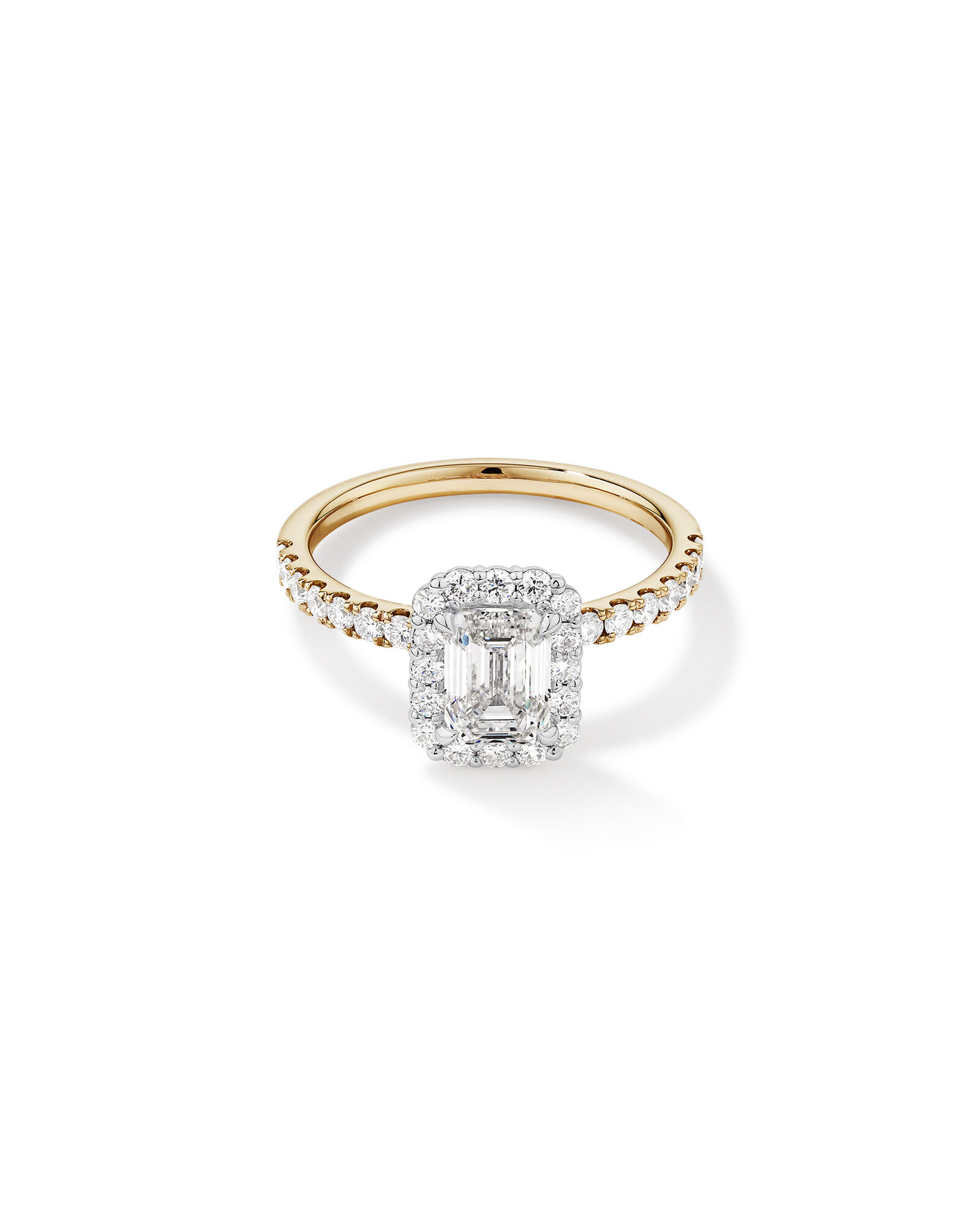 1.78 Carat TW Emerald Cut Laboratory-Grown Diamond Halo Engagement Ring in 14kt Yellow and White Gold