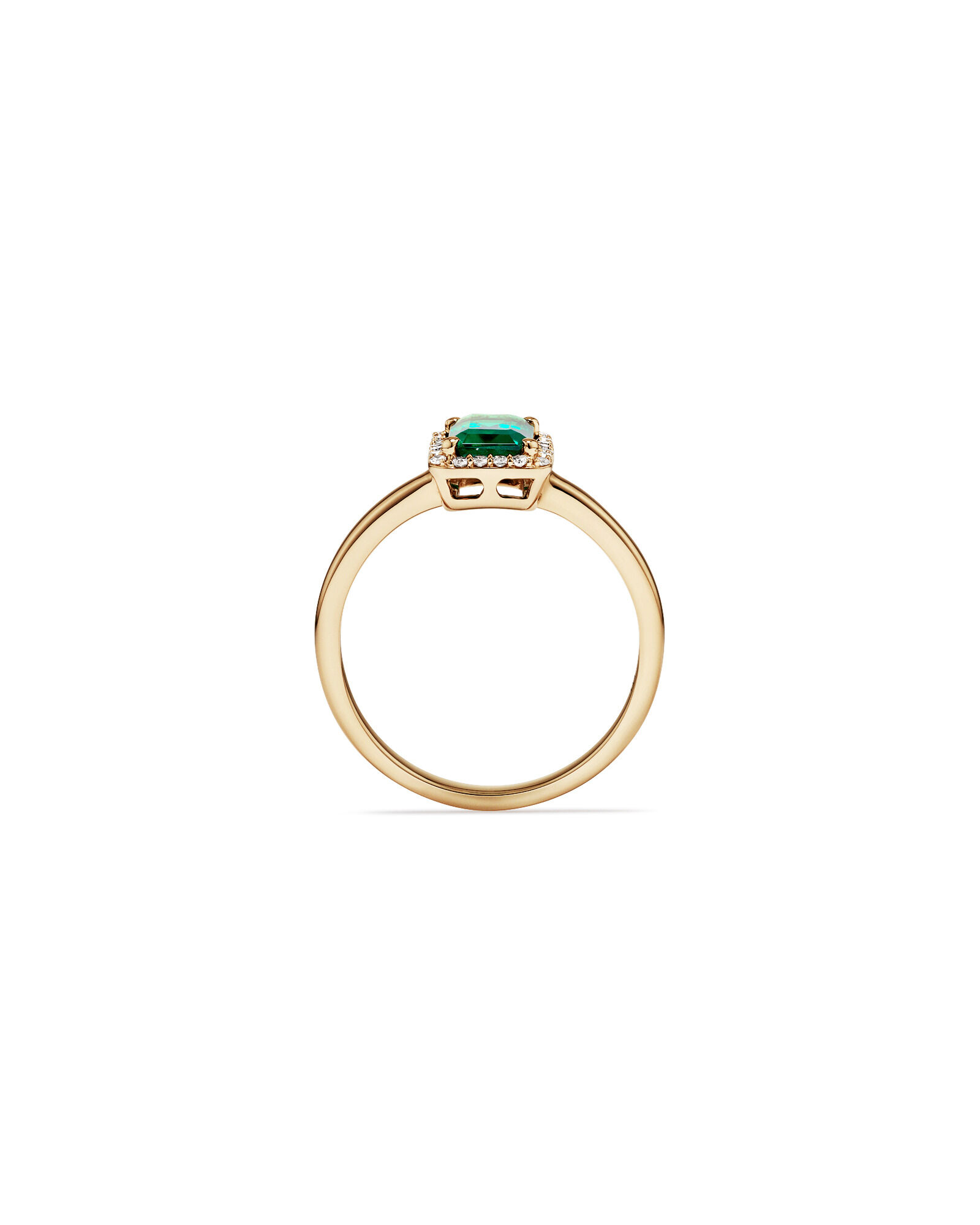 Emerald Cut Green Created Emerald Gemstone and Diamond Halo Ring in 10kt Yellow Gold