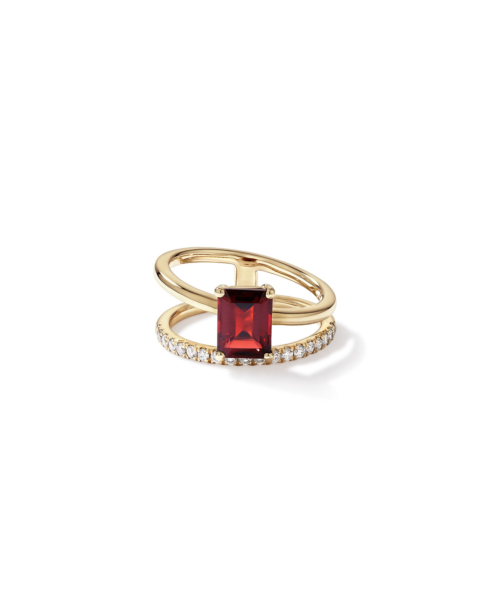 Emerald Cut Garnet with 0.25 Carat TW of Diamonds Double Band Ring in 10kt Yellow Gold