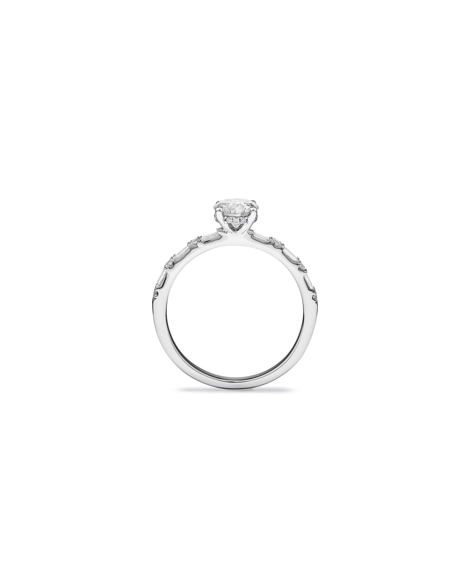0.93 Carat TW Round Brilliant and Baguette Diamond Side Accent Engagement Ring with Hidden Halo in 14kt White Gold