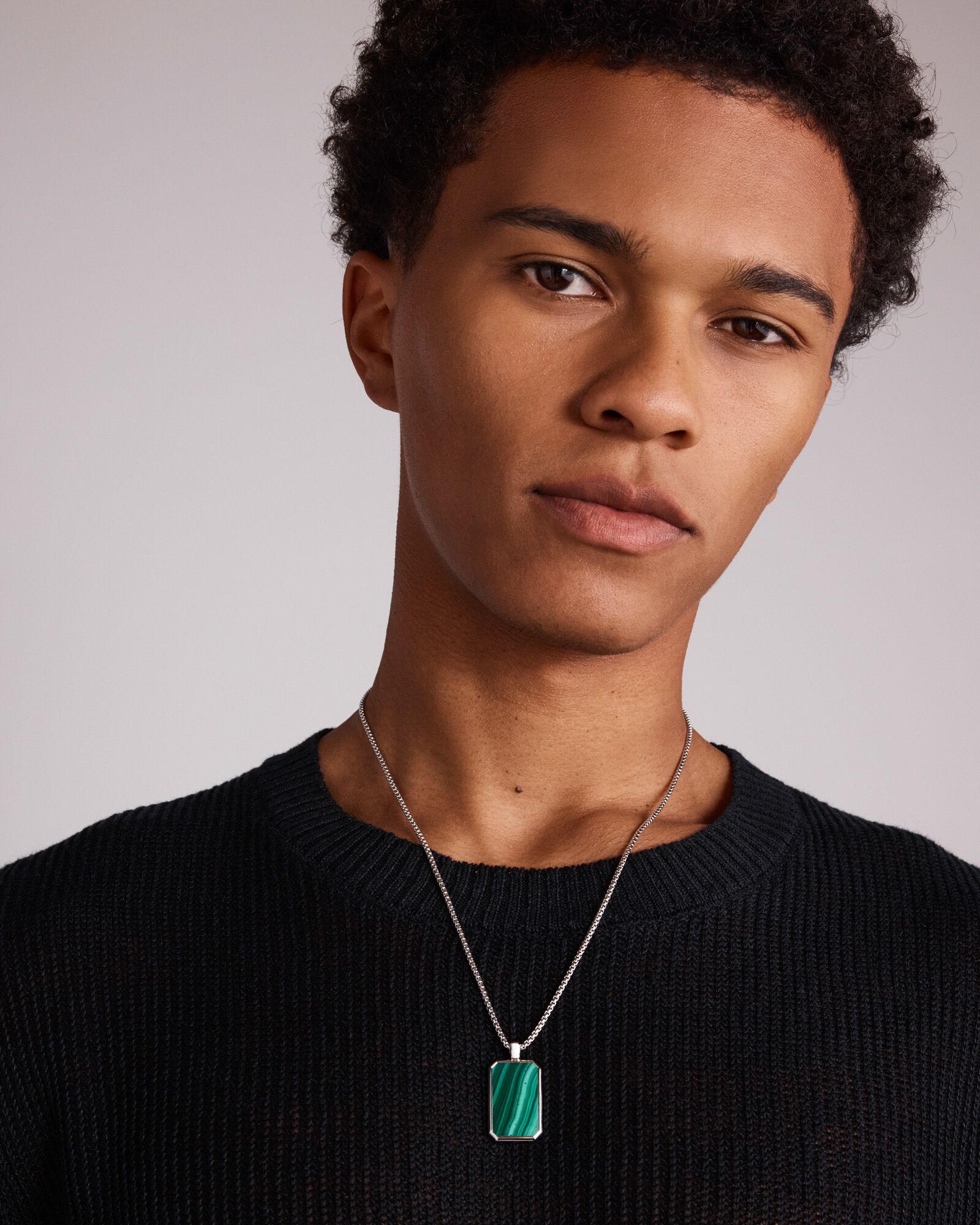 Rectangle Green Malachite Gemstone Pendant Chain Necklace in Sterling Silver